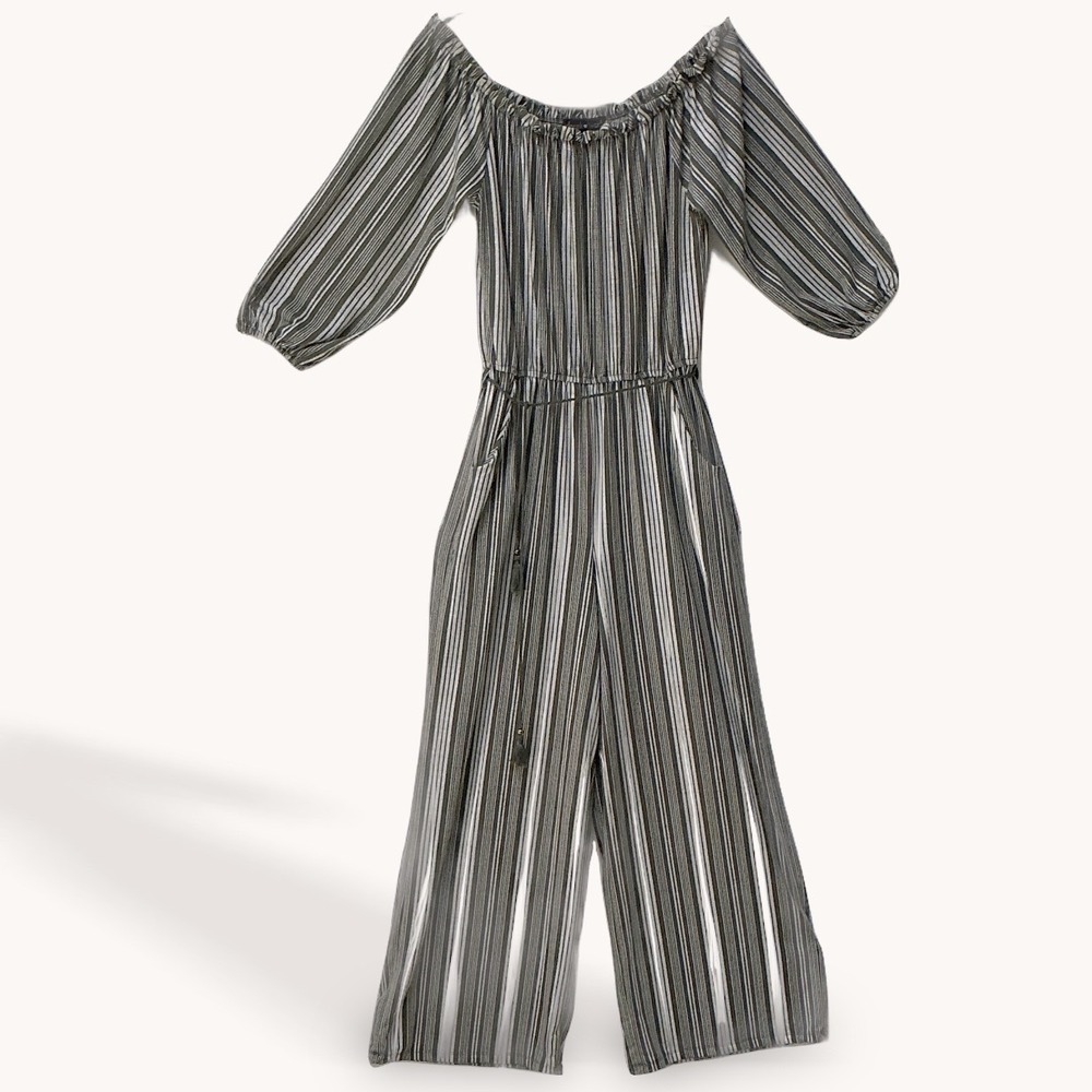 Derek Heart Olive Green Striped Off Shoulder Wide Leg Jumpsuit Tassels Size L